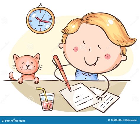 Boy Writing a Letter or Making Homework at the Desk Stock Vector - Illustration of kitten ...