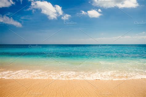 Colorful sea view from tropical wahite sand beach with sunny blue sky ...