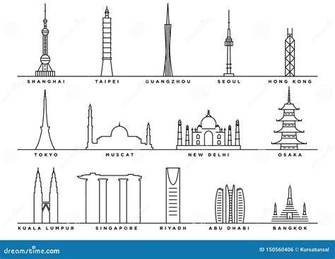 Famous Landmarks of Asia with Flat Line Style Stock Vector - Illustration of world, hong: 150560406