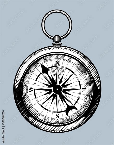 Old magnetic geographic compass. Vintage engraving stylized drawing ...