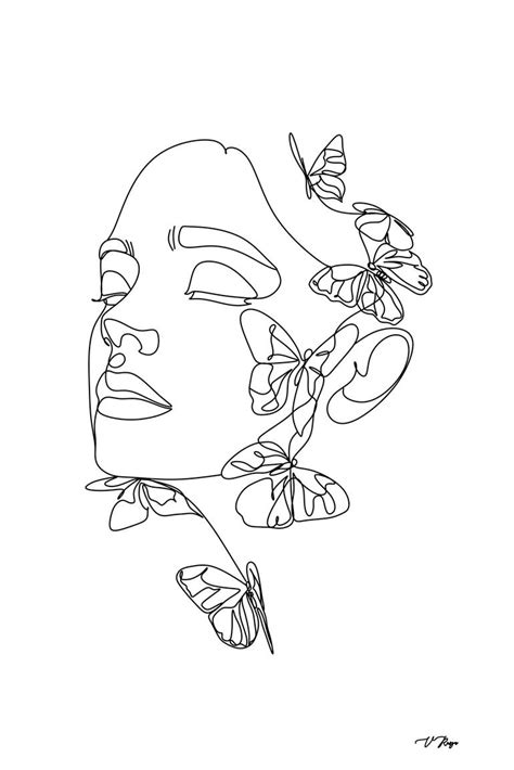 Abstract face with butterfly by one line drawing. Portrait minimalistic ...