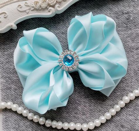 Handmade Satin Ribbon Bow With Crystal Rhinestone Lt Blue 5x4.5 Inch MY-961-48 Ready to Ship - Etsy