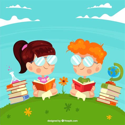 Colored background with kids reading Vector | Free Download