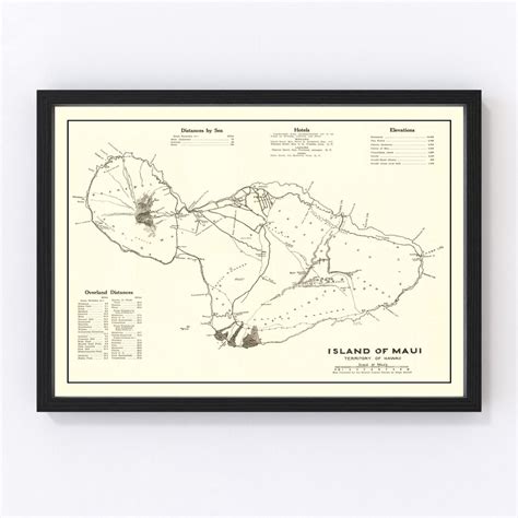 Maui Map 1924 Old Map of Maui Art Vintage Print Framed Wall Art Canvas Portrait History Travel ...