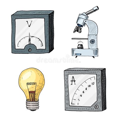 Ammeter or Voltmeter, Microscope and Light Bulb. Engraved Hand Drawn in Old Sketch and Vintage ...