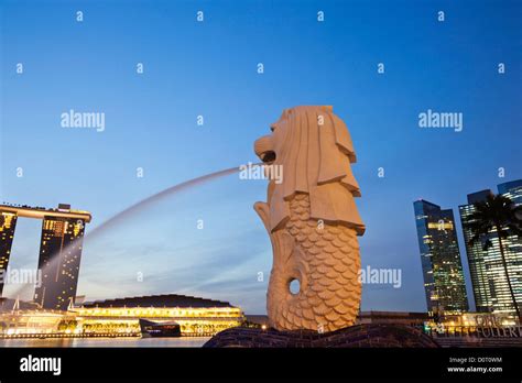 Asia, Singapore, Merlion Statue, Merlion, Night View, Night Lights, Illumination, Tourism ...