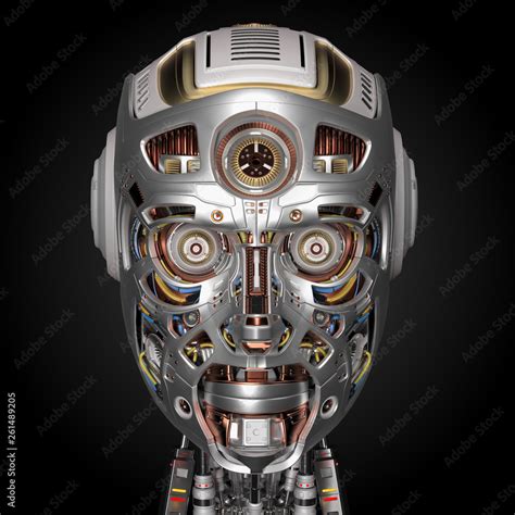 extremely detailed robot face or technological cyborg head. Front view ...