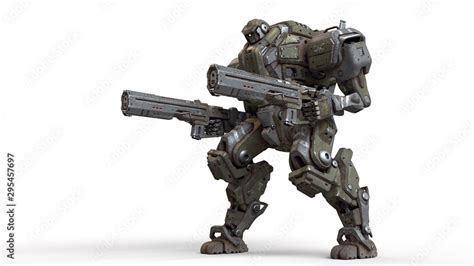 3d illustration of sci-fi mech soldier standing with two assault guns isolated on white ...