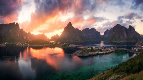 landscape, nature, river, sunlight, clouds, mountains, reflection, Lofoten, Reine, Norway HD ...