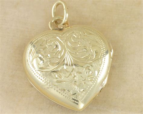 Vintage 14K Gold Heart Locket Pendant Hand Engraved Flowers - 585 Yellow Gold for Necklace - 4.7 ...