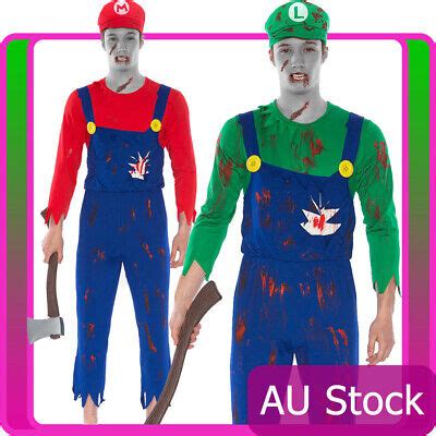 Mens Super Mario Luigi Zombie Bloody Halloween Horror Fancy Dress Costume + hat | eBay