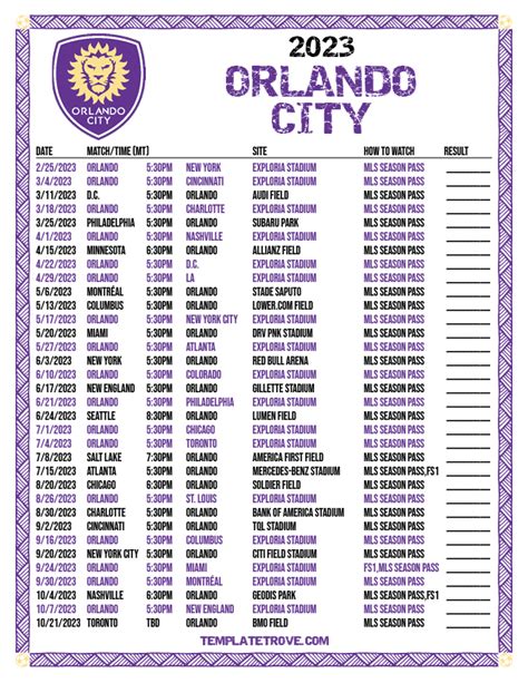 Printable2023 Orlando City Soccer Schedule