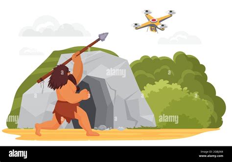 Stone age primitive man hunting on drone with spear weapon near rock cave vector illustration ...