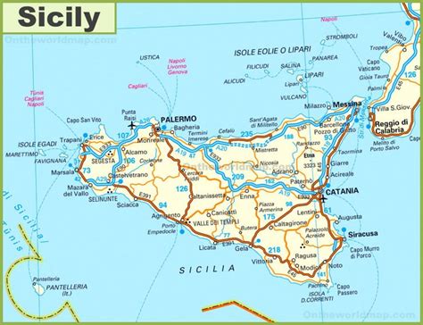 Road map of Sicily with cities and towns - Ontheworldmap.com