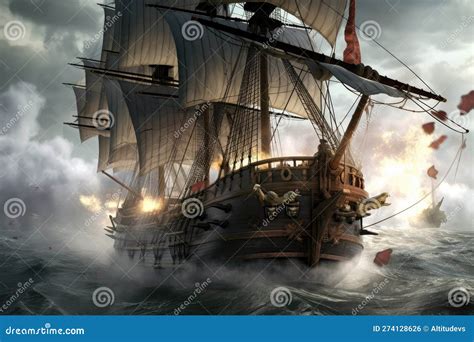 Pirate Ship in Battle, with Cannons Firing and Smoke Rising Stock Illustration - Illustration of ...