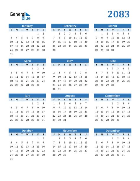 2083 Calendar (PDF, Word, Excel)