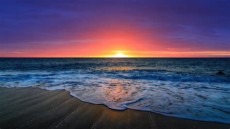 sunset, beach, sky, sea, horizon, scnery, 4k, pc HD Wallpaper