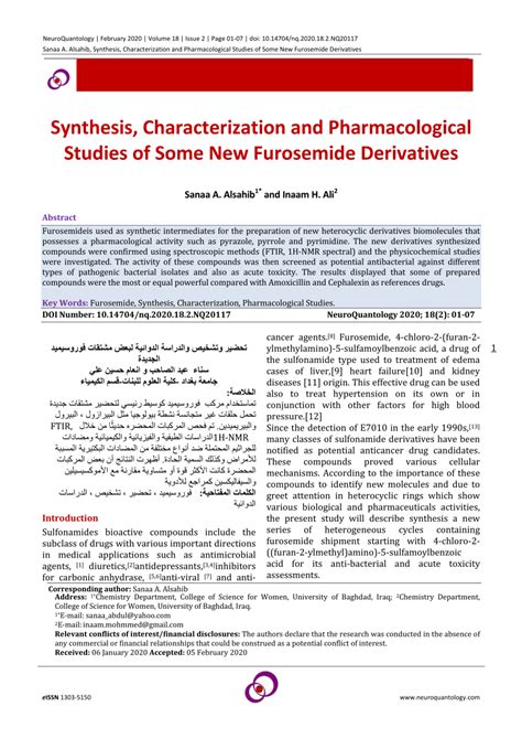 (PDF) Synthesis, Characterization and Pharmacological Studies of Some New Furosemide Derivatives