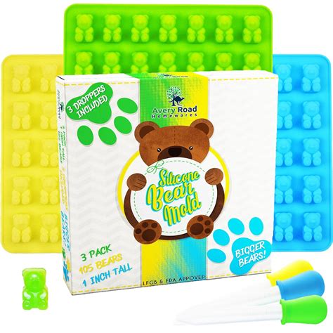 Amazon.com: BIGGER Gummy Bear Mold Silicone 3 PACK - 3 DROPPERS ...