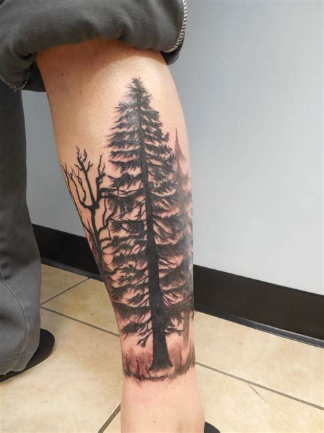 Forest of pine trees leg tattoo by artist, Jessica Rincon. | Dövme