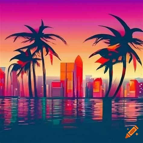 Vibrant retro cityscape with palm trees and a glowing sunset on Craiyon