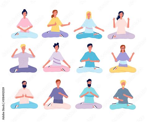 Meditation characters. Male and female person yoga poses sitting in pilates class vector flat ...