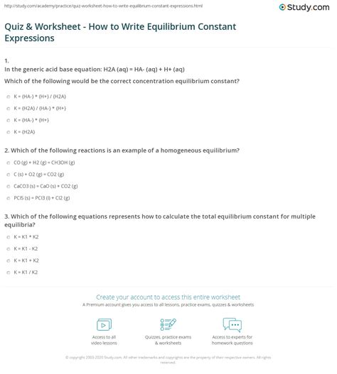 Quiz & Worksheet - How to Write Equilibrium Constant Expressions | Study.com