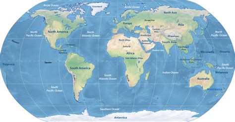 Labeled World Map with Oceans and Continents