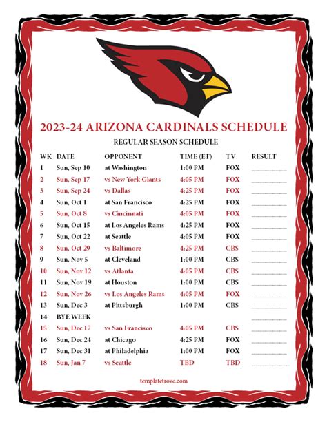 Printable 2023-2024 Arizona Cardinals Schedule