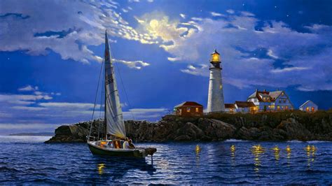 Art paintaings love romance sailing boats architecture lighthouse night mood sky clouds moon ...