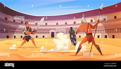 Gladiator fight. Cartoon roman fighters at colosseum arena, warriors ...