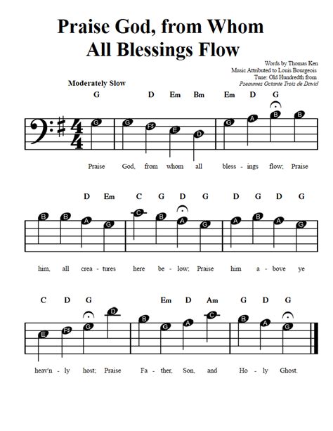 Praise God From Whom All Blessings Flow: Beginner Bass Clef Sheet Music with Chords and Lyrics