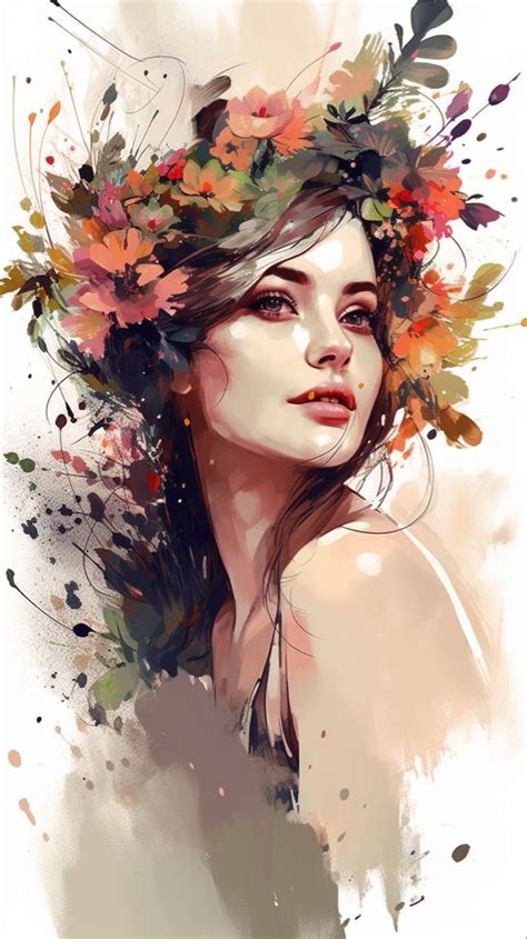 a woman with flowers on her head and watercolor paint splatters all ...