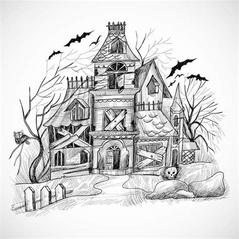 Free Vector | Halloween haunted house sketch design