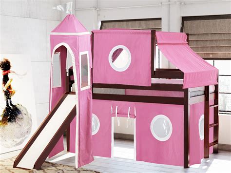 JACKPOT! Princess Low Loft Bed with Slide Pink & White Tent and Tower Loft Bed Twin Cherry ...