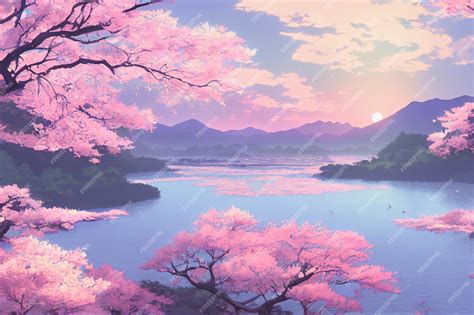 Premium Photo | Japan anime scenery wallpaper featuring beautiful pink cherry trees and Mount ...