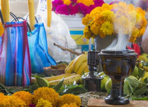 Day of the Dead, Colorful Mexican Altar and Ceramic Cup for Copal and Incense for Offerings ...