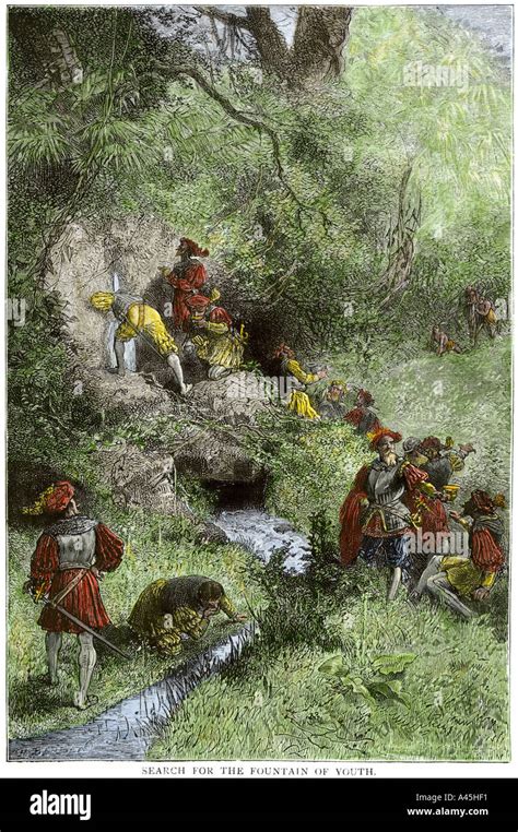 Juan Ponce de Leon expedition searching for the Fountain of Youth in Florida 1500s. Hand-colored ...