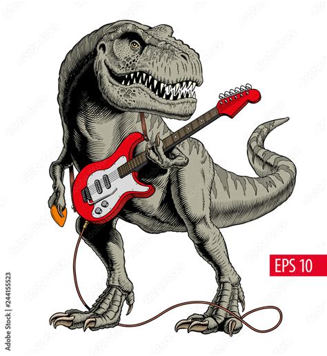 Dinosaur playing electric guitar. Tyrannosaurus or T. rex. Comic style vector illustration ...