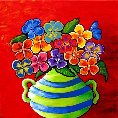 Pansies Fun Floral Whimsical Folk Art Giclee by reniebritenbucher