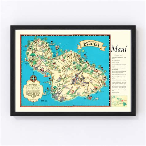 Maui Map 1935 Old Map of Maui Art Vintage Print Framed Wall Art Canvas Portrait History Travel ...