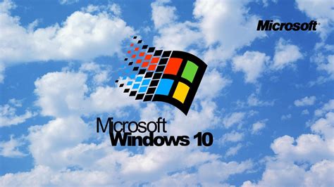 the logo for microsoft and windows 10 against a blue sky with white clouds in the background