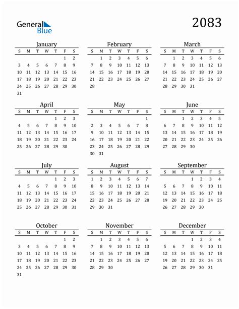 Year 2083 Free Printable 12-Month Calendar