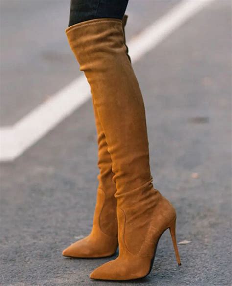 New Arrival Women Booties Pointed Toe High Heel Long Boots Brown Stretch Suede Leather Over Knee ...