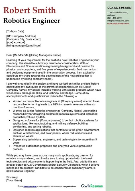 Robotics Engineer Cover Letter Examples - QwikResume