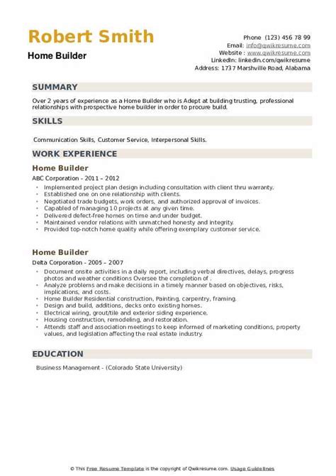 Home Builder Resume Samples | QwikResume