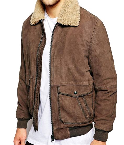 Men's Bomber Brown Leather Jacket with Sherpa Fur Collar - Jackets Creator