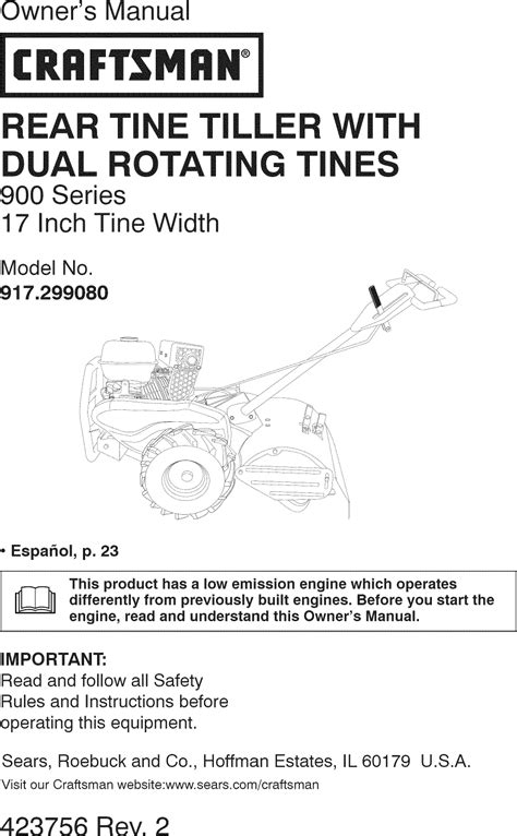 Craftsman 917299080 User Manual TILLER Manuals And Guides L1003035