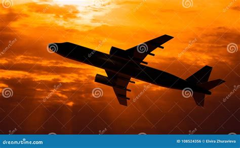 Silhouette of the Flying Plane on Sunset Background Stock Photo - Image of class, journey: 108524356