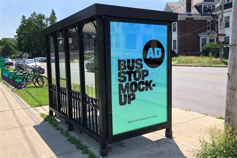 Free Bus Stop Advertising Signage on Sidewalk Mockup PSD - Designbolts